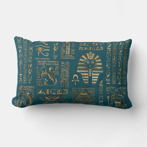 Egyptian hieroglyphs and deities _ Gold on teal Lumbar Pillow