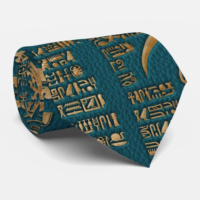 Egyptian hieroglyphs and deities - Gold on teal Neck Tie (Rolled)