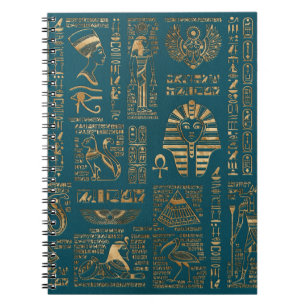 Egyptian hieroglyphs and deities - Gold on teal Notebook