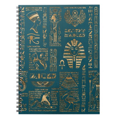Egyptian hieroglyphs and deities _ Gold on teal Notebook