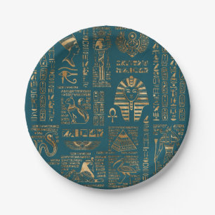 Egyptian hieroglyphs and deities - Gold on teal Paper Plates