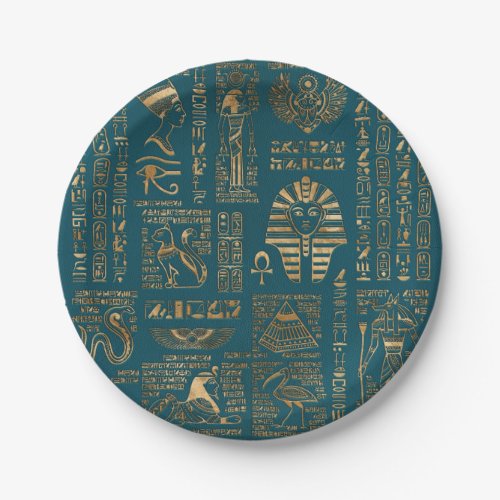 Egyptian hieroglyphs and deities _ Gold on teal Paper Plates