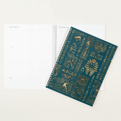 Egyptian hieroglyphs and deities _ Gold on teal Planner