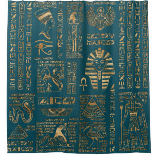 Egyptian hieroglyphs and deities - Gold on teal Shower Curtain