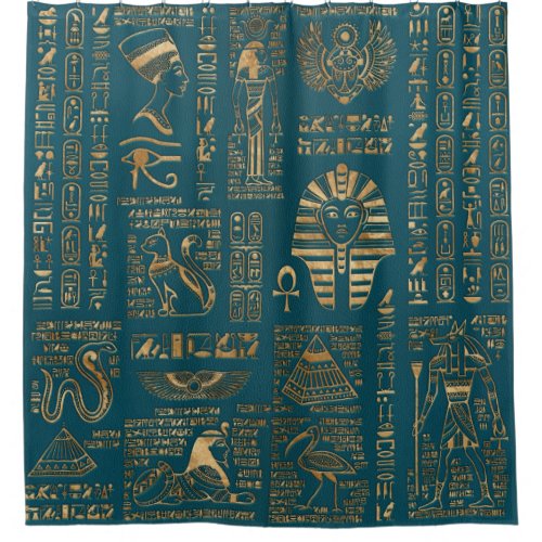 Egyptian hieroglyphs and deities _ Gold on teal Shower Curtain