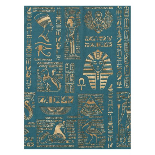 Egyptian hieroglyphs and deities _ Gold on teal Tablecloth