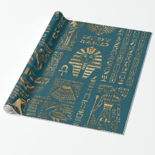 Egyptian hieroglyphs and deities - Gold on teal Wrapping Paper