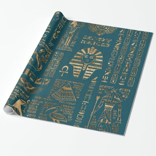 Egyptian hieroglyphs and deities Gold on teal Wrapping Paper