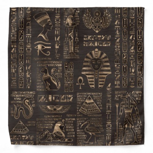 Egyptian hieroglyphs and deities _ gold on wood bandana