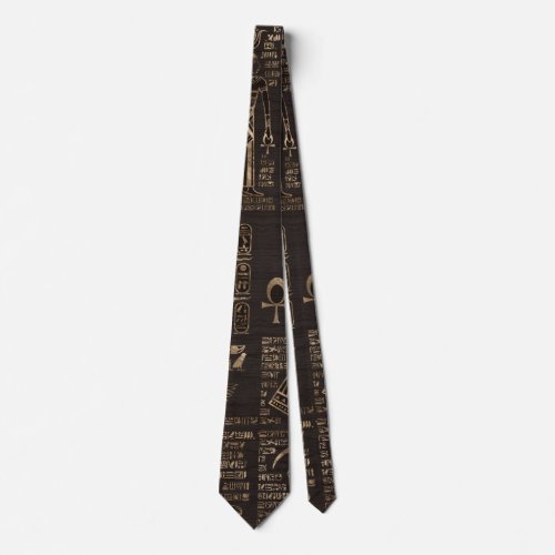 Egyptian hieroglyphs and deities _ gold on wood neck tie