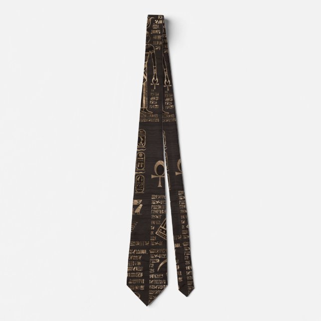 Egyptian hieroglyphs and deities - gold on wood neck tie (Front)