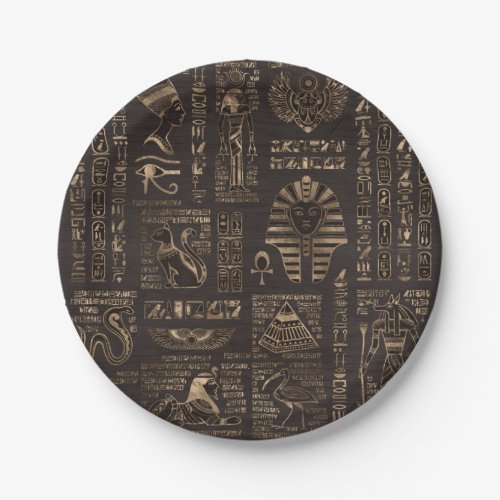 Egyptian hieroglyphs and deities _ gold on wood paper plates