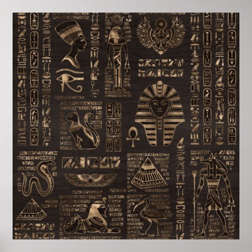 Egyptian hieroglyphs and deities _ gold on wood poster