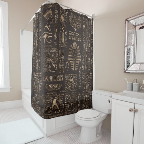 Egyptian hieroglyphs and deities _ gold on wood shower curtain