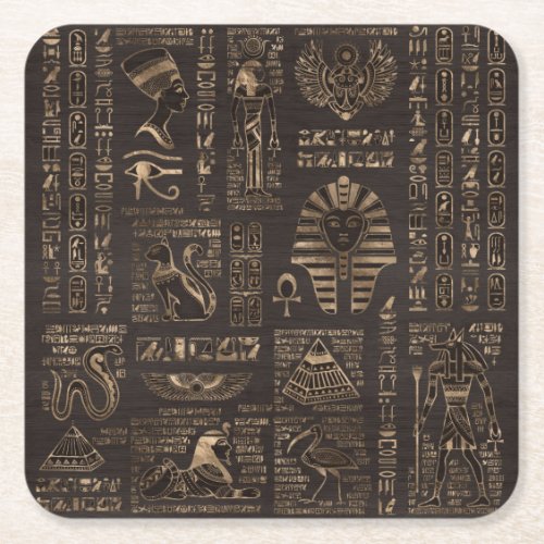 Egyptian hieroglyphs and deities _ gold on wood square paper coaster