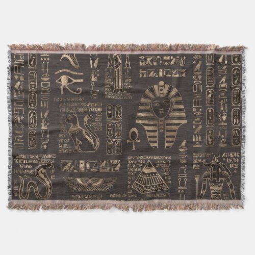 Egyptian hieroglyphs and deities _ gold on wood throw blanket