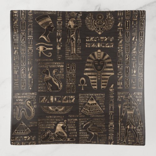 Egyptian hieroglyphs and deities _ gold on wood trinket tray