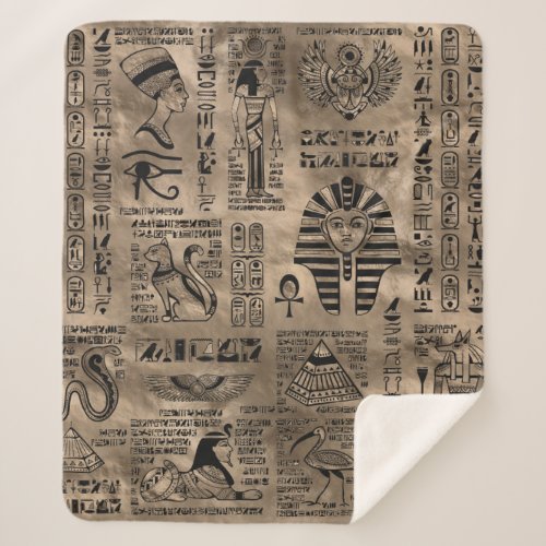 Egyptian hieroglyphs and deities _ Luxury Gold Sherpa Blanket