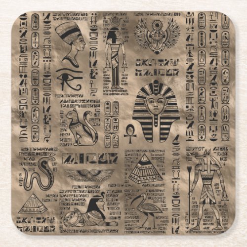 Egyptian hieroglyphs and deities _ Luxury Gold Square Paper Coaster