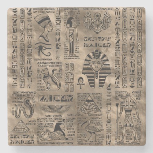 Egyptian hieroglyphs and deities _ Luxury Gold Stone Coaster