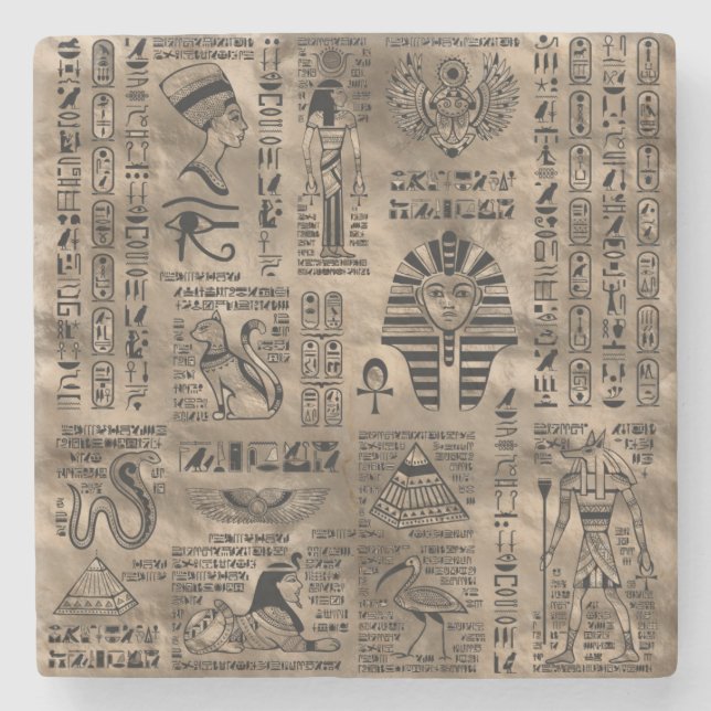 Egyptian hieroglyphs and deities - Luxury Gold Stone Coaster (Front)