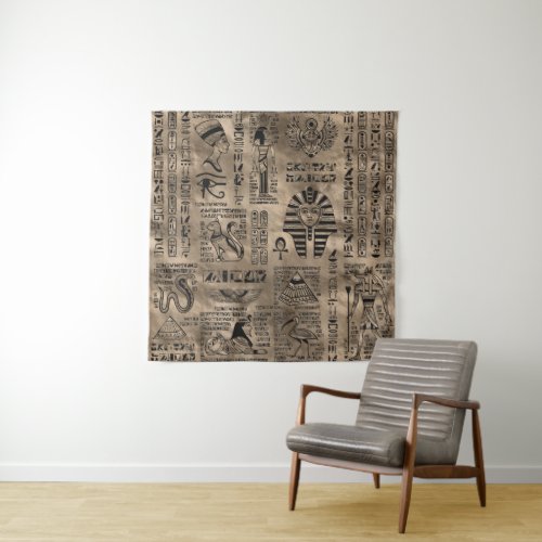 Egyptian hieroglyphs and deities _ Luxury Gold Tapestry