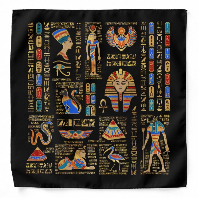 Egyptian hieroglyphs and deities on black bandana (Front)