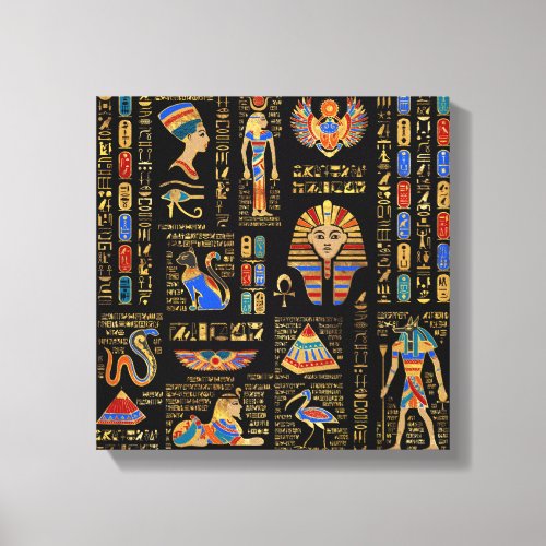 Egyptian hieroglyphs and deities on black canvas print