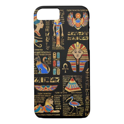 Egyptian hieroglyphs and deities on black iPhone 87 case