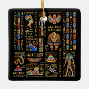 Egyptian hieroglyphs and deities on black ceramic ornament