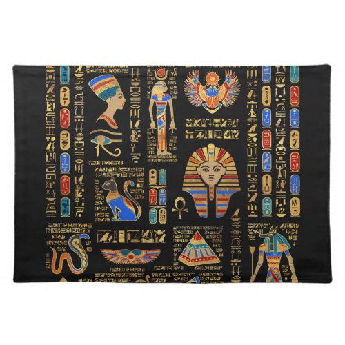 Egyptian hieroglyphs and deities on black cloth placemat