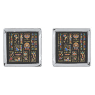 Egyptian hieroglyphs and deities on black cufflinks