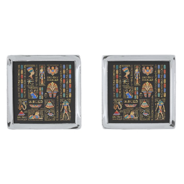 Egyptian hieroglyphs and deities on black cufflinks (Front)