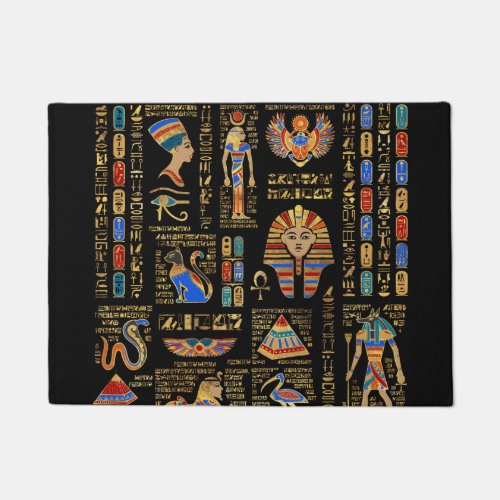 Egyptian hieroglyphs and deities on black doormat