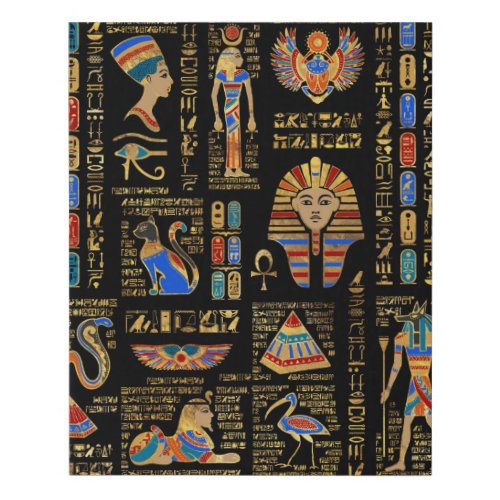 Egyptian hieroglyphs and deities on black faux canvas print