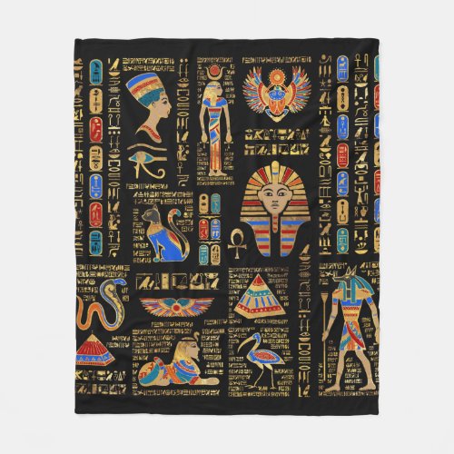 Egyptian hieroglyphs and deities on black fleece blanket