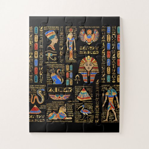 Egyptian hieroglyphs and deities on black jigsaw puzzle