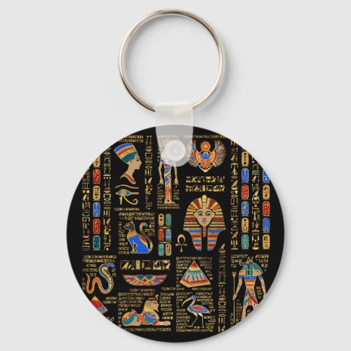 Egyptian hieroglyphs and deities on black keychain
