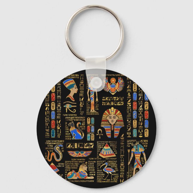 Egyptian hieroglyphs and deities on black keychain (Front)