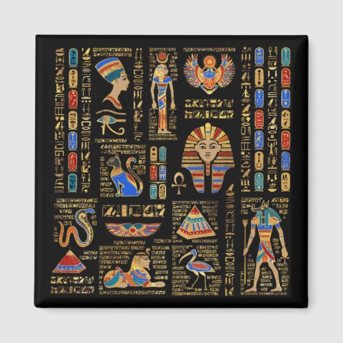 Egyptian hieroglyphs and deities on black magnet