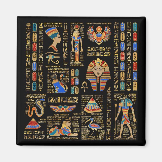 Egyptian hieroglyphs and deities on black magnet (Front)