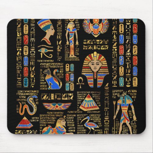 Egyptian hieroglyphs and deities on black mouse pad