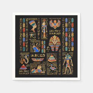 Egyptian hieroglyphs and deities on black napkins