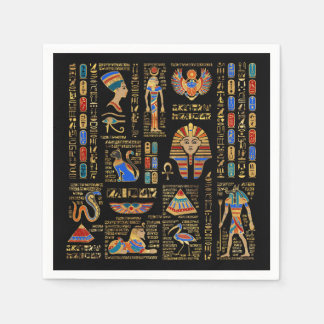 Egyptian hieroglyphs and deities on black napkins