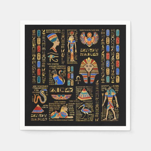 Egyptian hieroglyphs and deities on black napkins