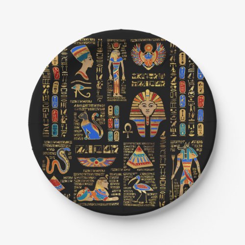 Egyptian hieroglyphs and deities on black paper plates