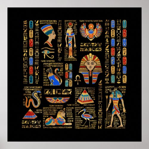 Egyptian hieroglyphs and deities on black poster