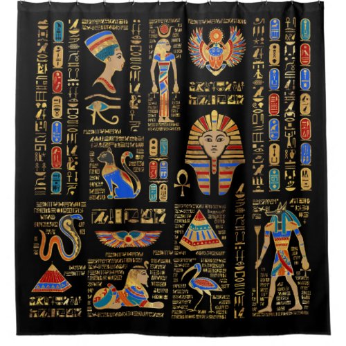 Egyptian hieroglyphs and deities on black shower curtain