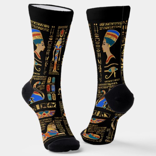 Egyptian hieroglyphs and deities on black socks