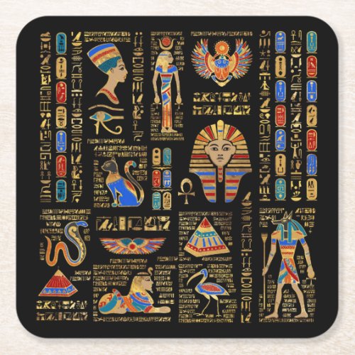 Egyptian hieroglyphs and deities on black square paper coaster